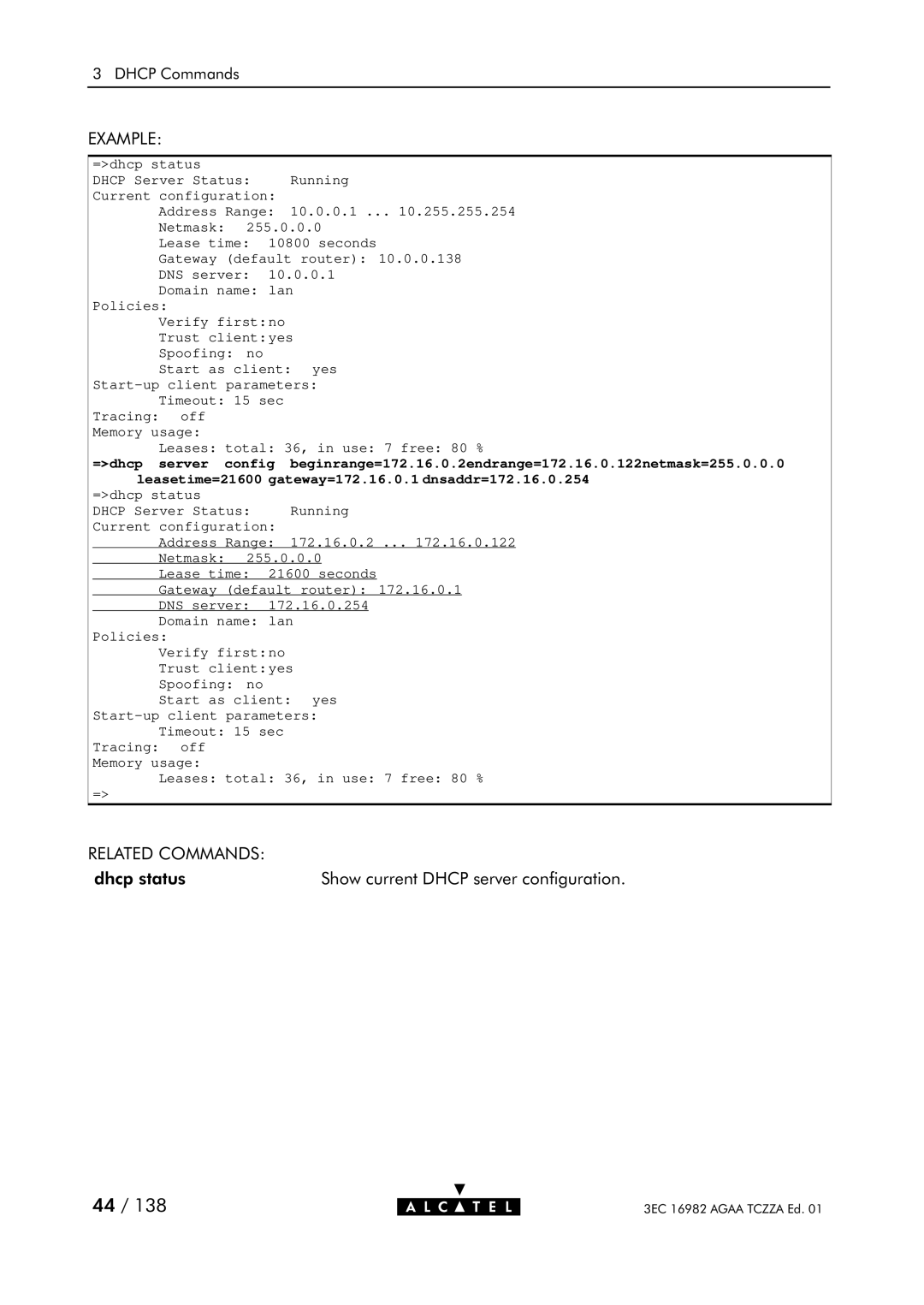 Alcatel Carrier Internetworking Solutions 350I manual Dhcp status 