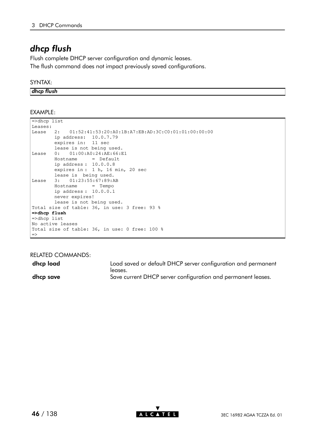 Alcatel Carrier Internetworking Solutions 350I manual Dhcp flush, =dhcp flush 