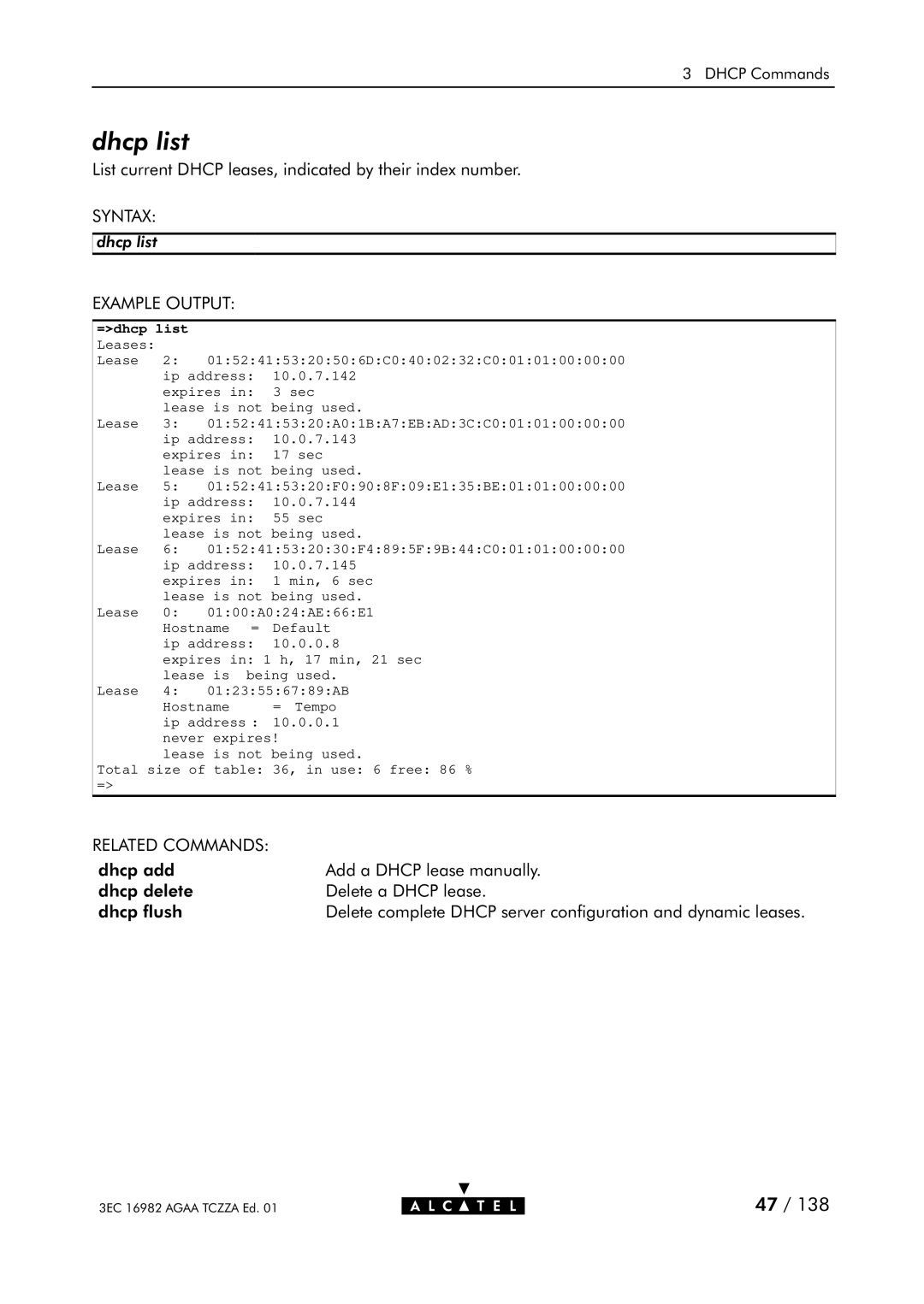 Alcatel Carrier Internetworking Solutions 350I manual Dhcp list, =dhcp list 