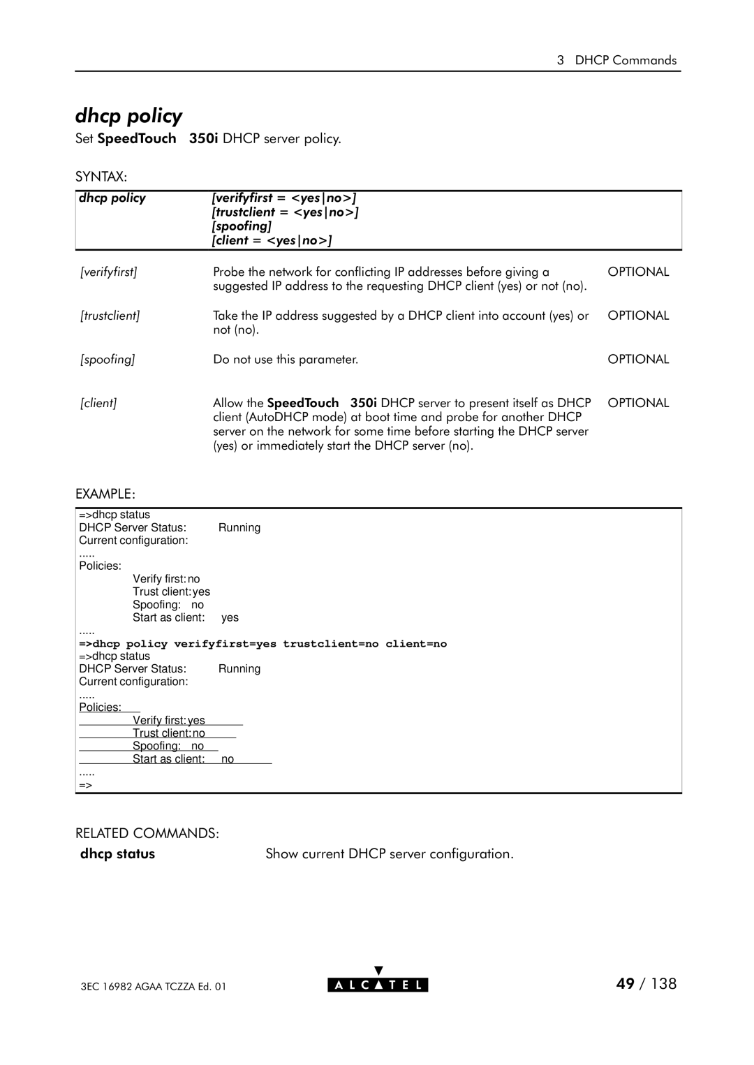 Alcatel Carrier Internetworking Solutions 350I manual Dhcp policy 