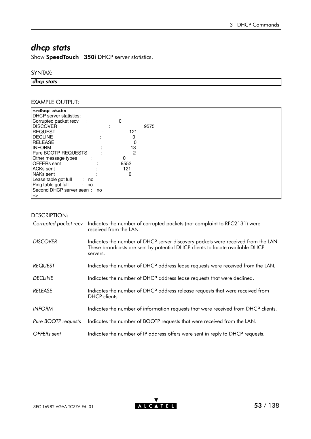 Alcatel Carrier Internetworking Solutions 350I manual Dhcp stats, =dhcp stats 