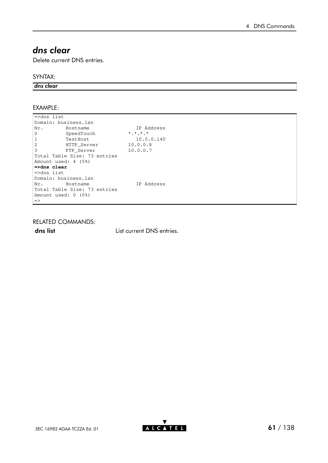 Alcatel Carrier Internetworking Solutions 350I manual Dns clear, =dns clear 