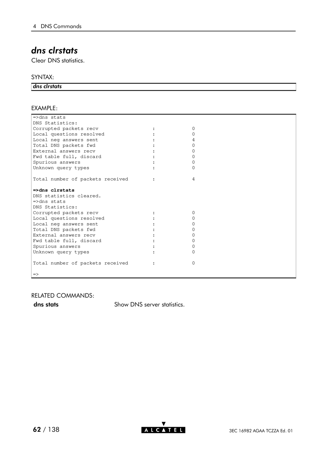 Alcatel Carrier Internetworking Solutions 350I manual Dns clrstats, =dns clrstats 