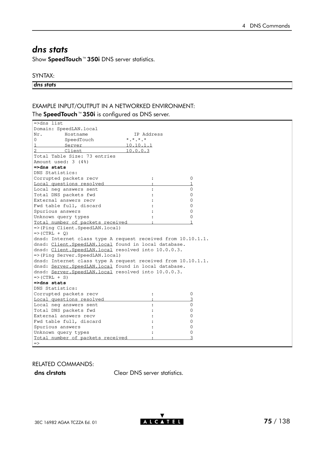 Alcatel Carrier Internetworking Solutions 350I manual Dns stats, =dns stats 