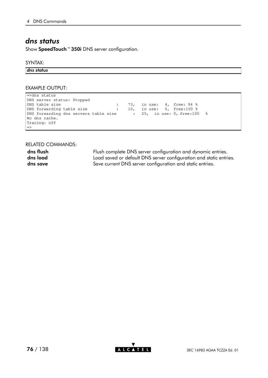 Alcatel Carrier Internetworking Solutions 350I manual Dns status 