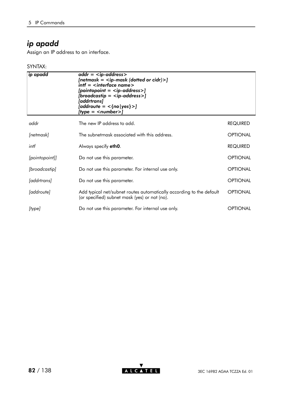 Alcatel Carrier Internetworking Solutions 350I manual Ip apadd 