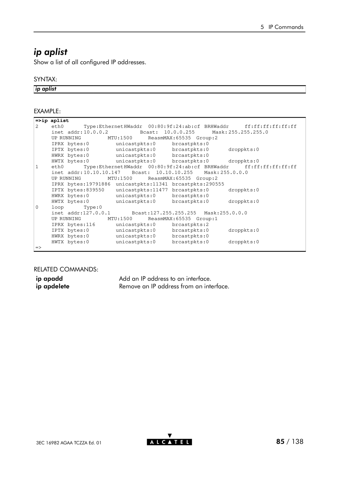 Alcatel Carrier Internetworking Solutions 350I manual Ip aplist, =ip aplist 