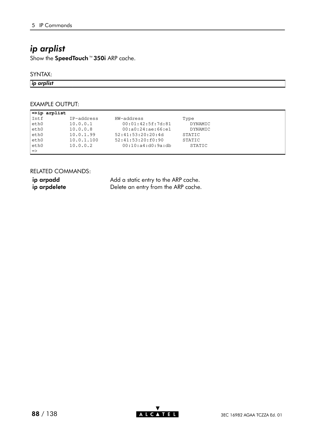 Alcatel Carrier Internetworking Solutions 350I manual Ip arplist, =ip arplist 