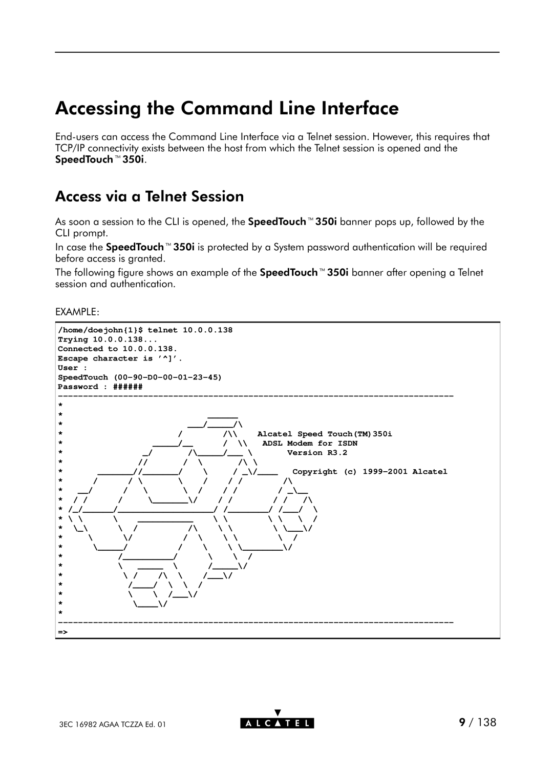 Alcatel Carrier Internetworking Solutions 350I manual Accessing the Command Line Interface, Access via a Telnet Session 