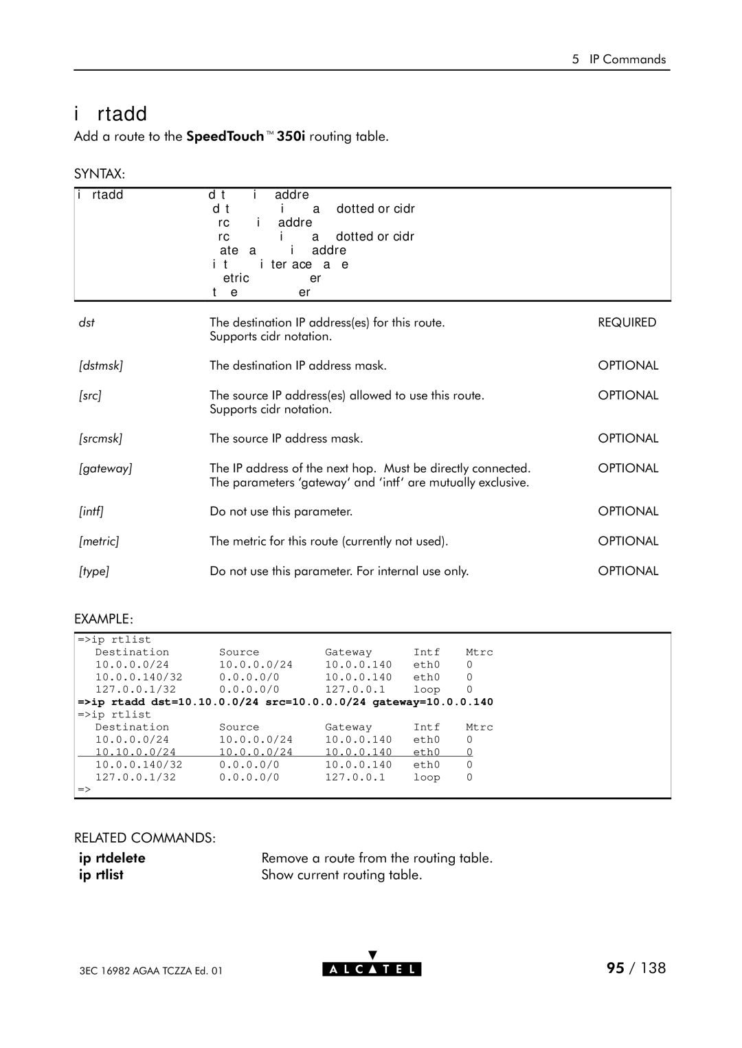 Alcatel Carrier Internetworking Solutions 350I manual Ip rtadd 