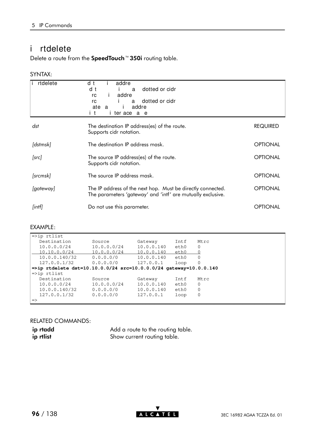 Alcatel Carrier Internetworking Solutions 350I manual Ip rtdelete 