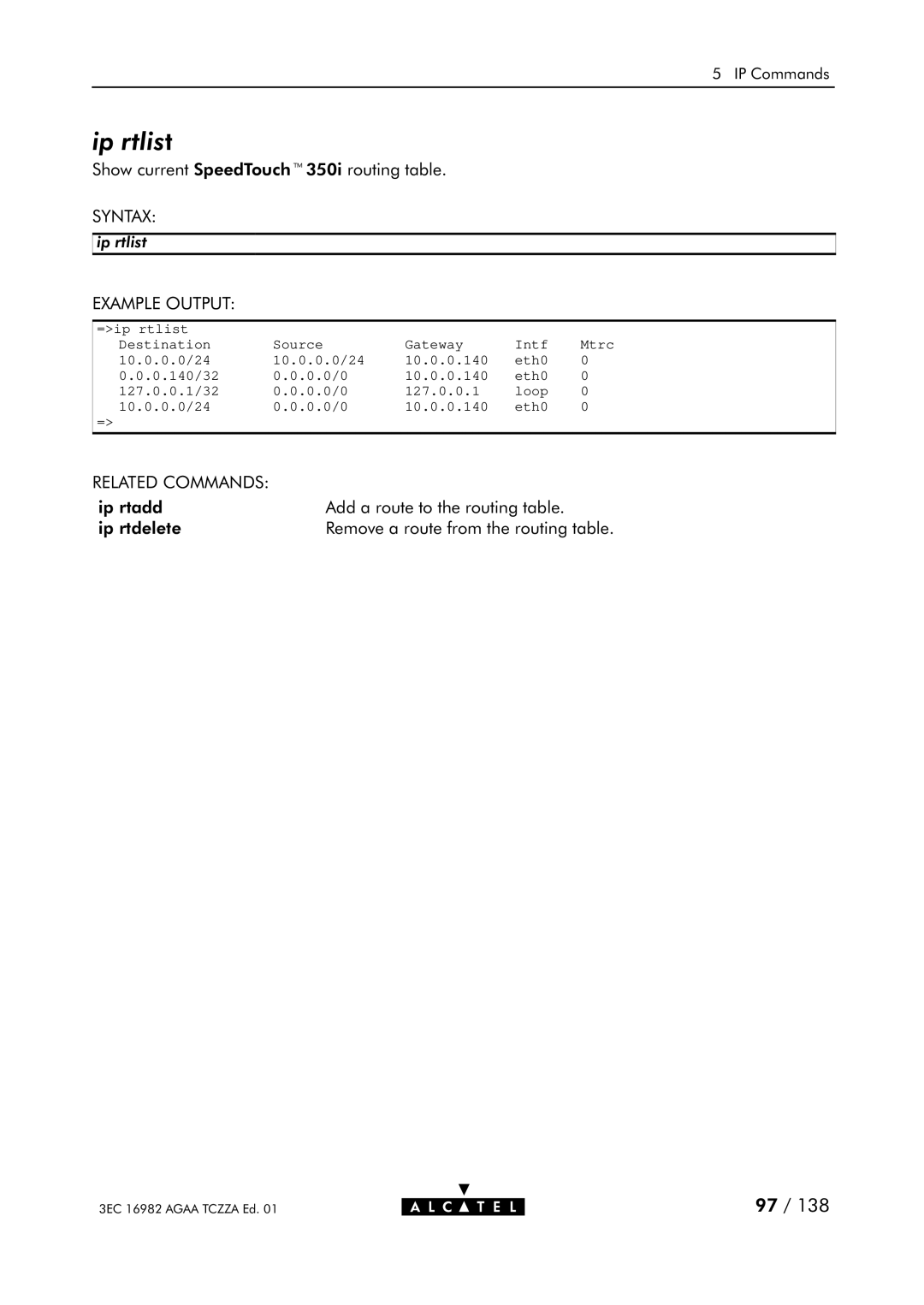 Alcatel Carrier Internetworking Solutions 350I manual Ip rtlist 