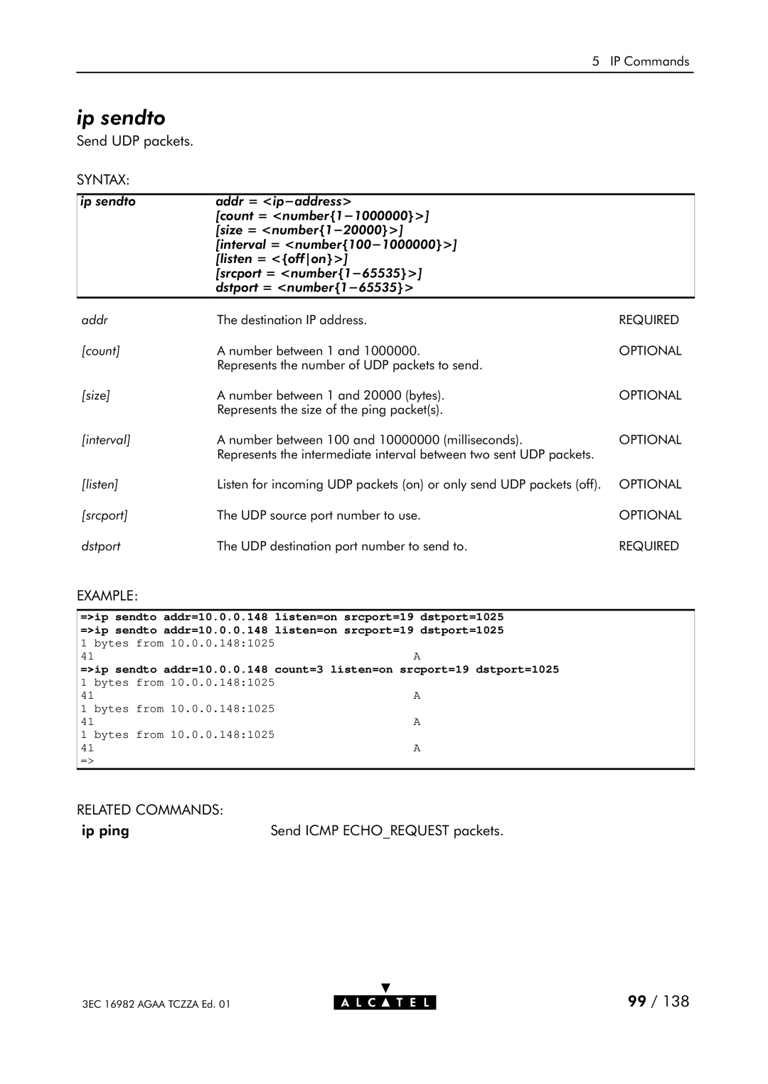 Alcatel Carrier Internetworking Solutions 350I manual Ip sendto 