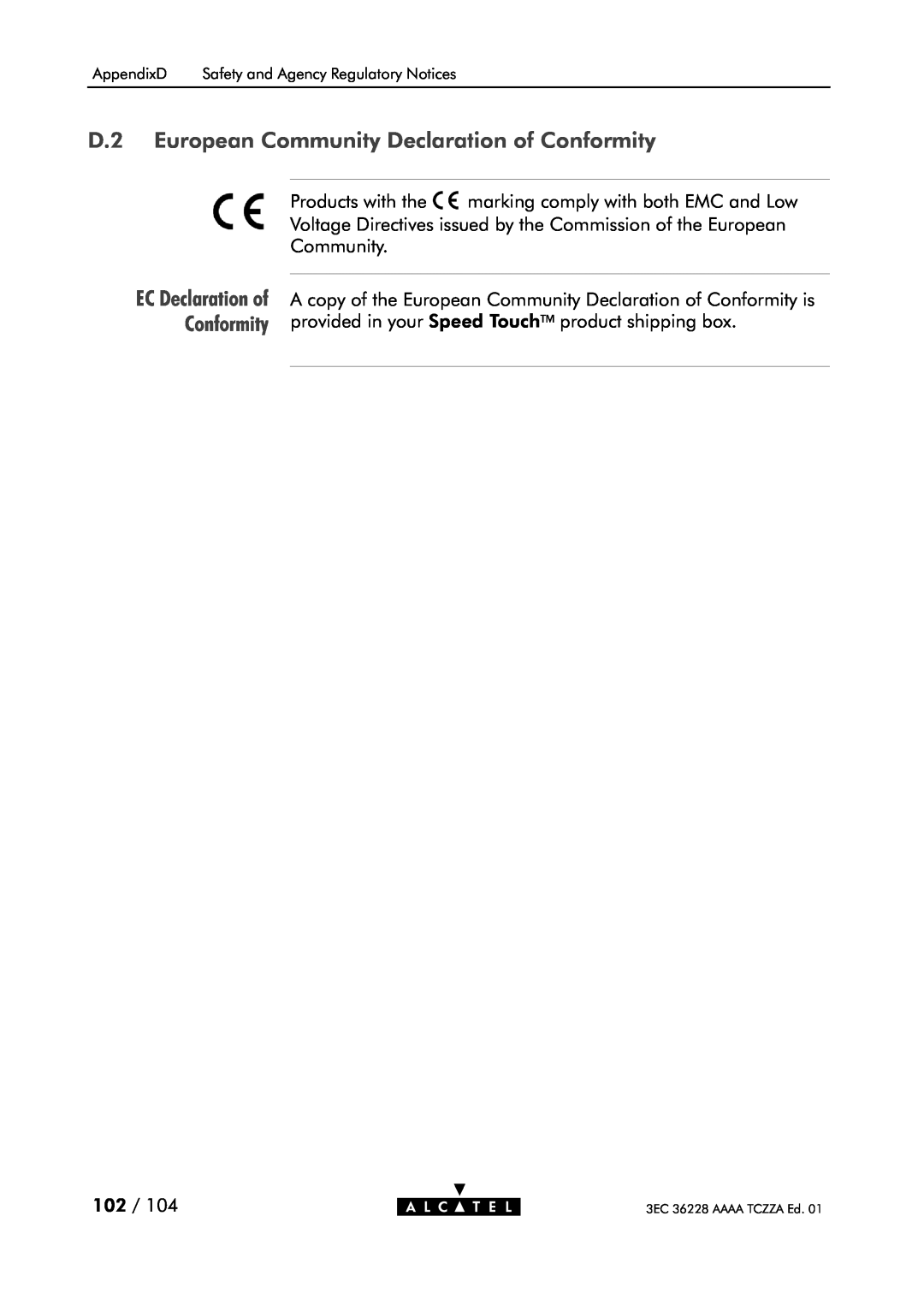 Alcatel Carrier Internetworking Solutions 350I manual D.2 European Community Declaration of Conformity 