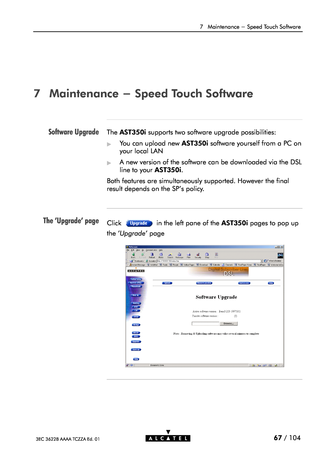 Alcatel Carrier Internetworking Solutions 350I manual Maintenance - Speed Touch Software, The Upgrade page 