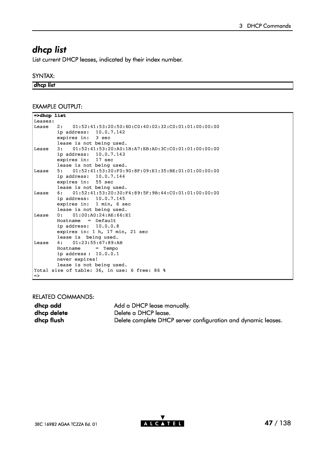 Alcatel Carrier Internetworking Solutions 350I dhcp list, List current DHCP leases, indicated by their index number SYNTAX 