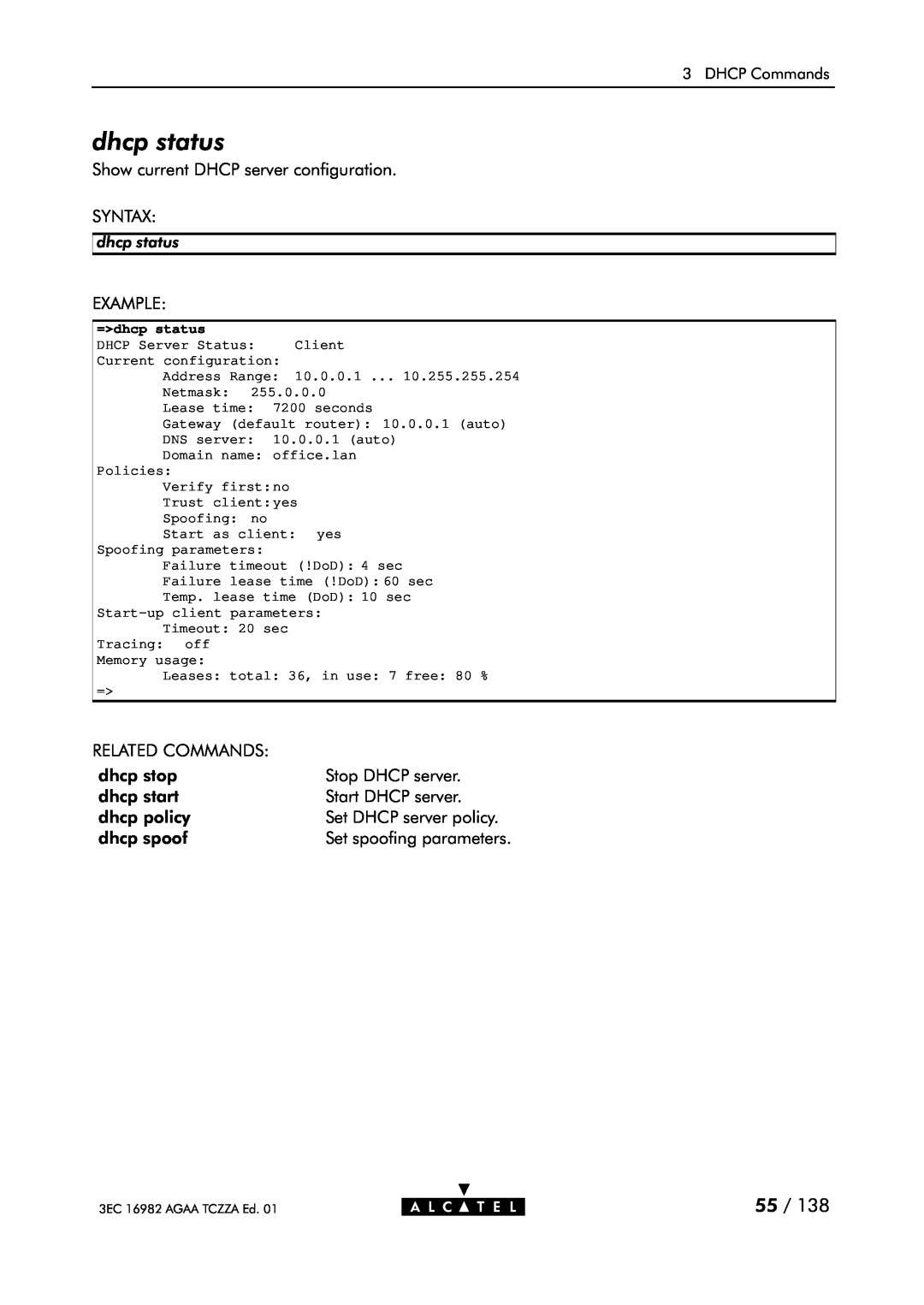 Alcatel Carrier Internetworking Solutions 350I manual dhcp status, Set spoofing parameters 