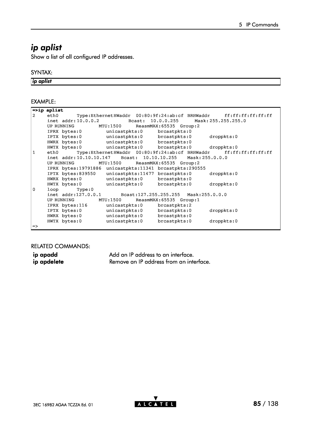 Alcatel Carrier Internetworking Solutions 350I manual ip aplist, Show a list of all configured IP addresses SYNTAX, Example 