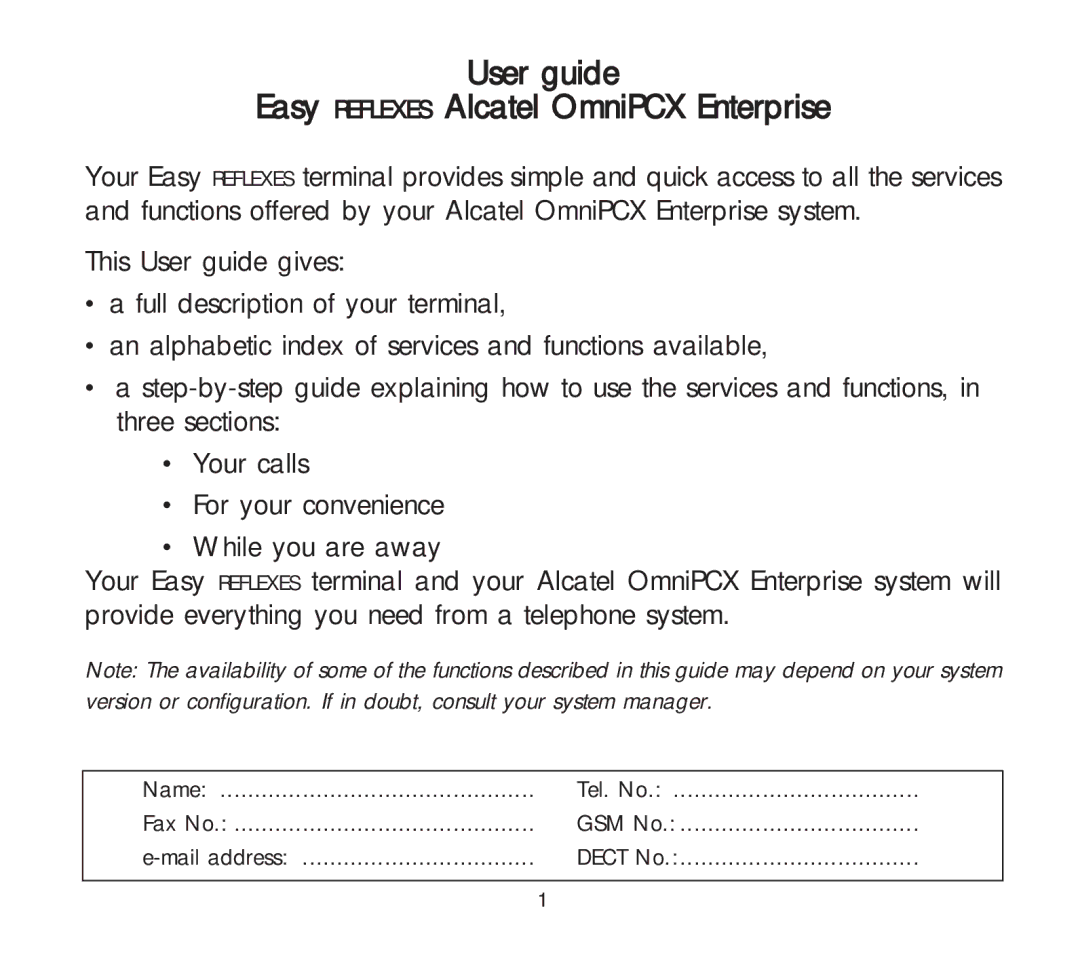 Alcatel Carrier Internetworking Solutions 3AK 19522 manual User guide Easy Reflexes Alcatel OmniPCX Enterprise 