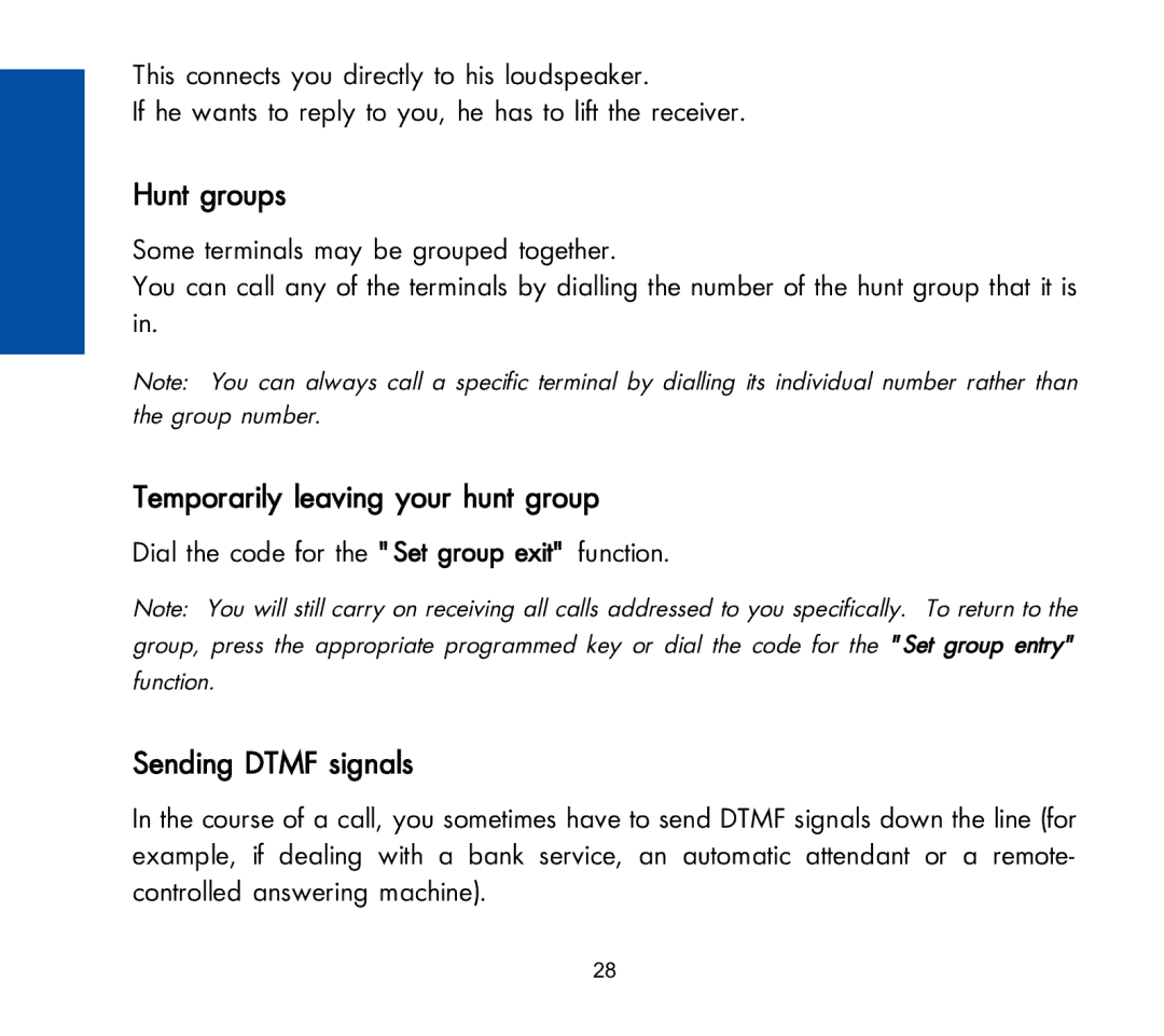 Alcatel Carrier Internetworking Solutions 3AK 19522 Hunt groups, Temporarily leaving your hunt group, Sending Dtmf signals 