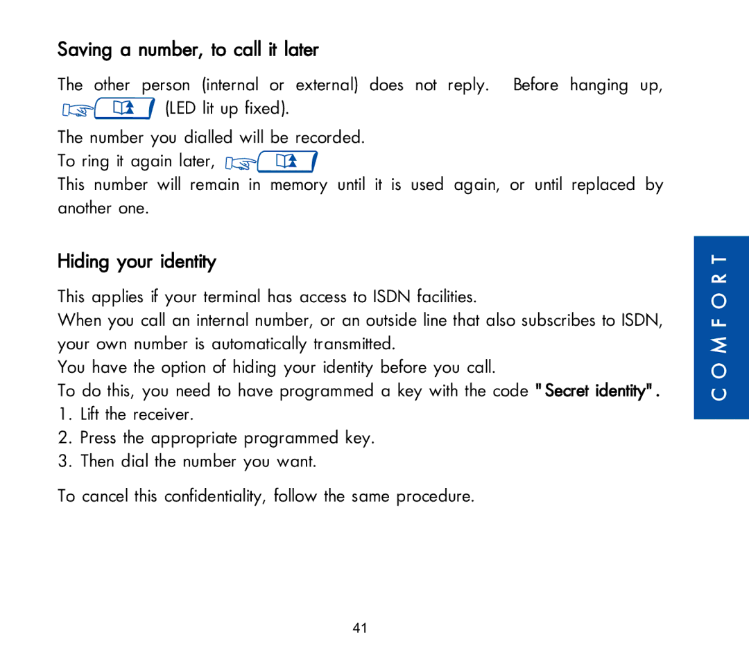 Alcatel Carrier Internetworking Solutions 3AK 19522 manual Saving a number, to call it later, Hiding your identity 