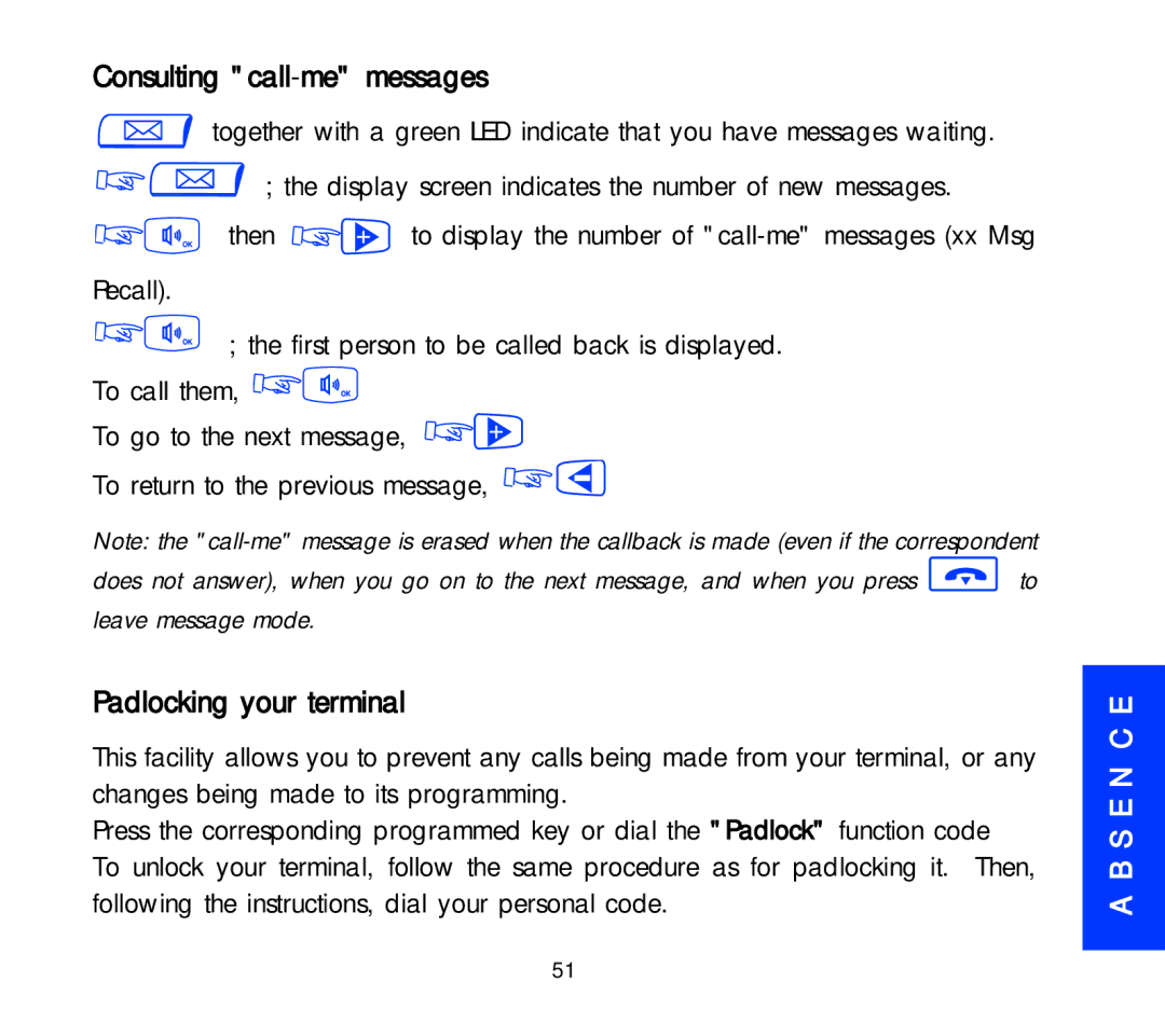 Alcatel Carrier Internetworking Solutions 3AK 19522 manual Consulting call-me messages, Padlocking your terminal 