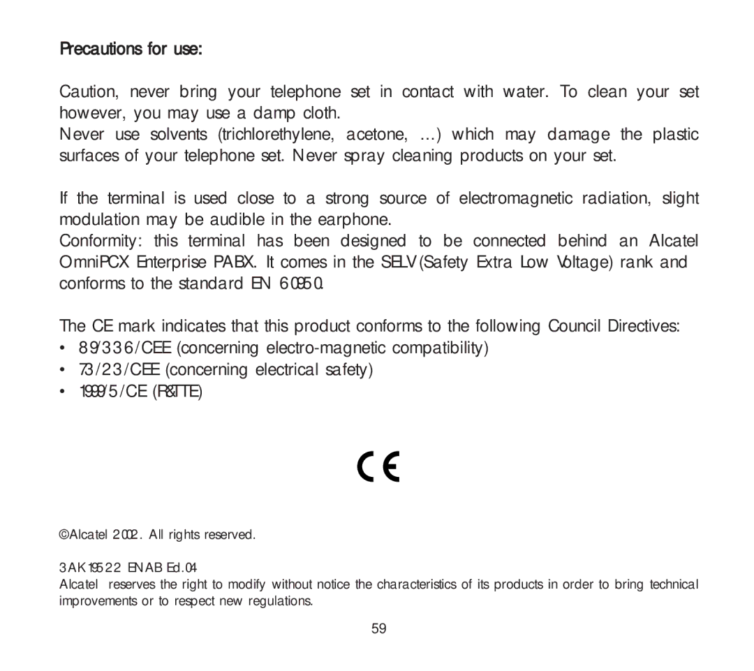 Alcatel Carrier Internetworking Solutions 3AK 19522 manual Precautions for use 