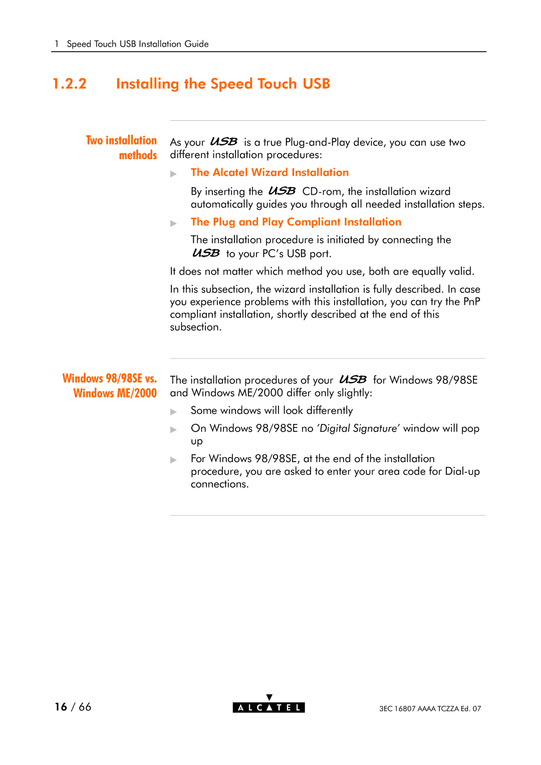Alcatel Carrier Internetworking Solutions 3EC 16807 AAAA TCZZA ED. 07 manual Installing the Speed Touch USB 
