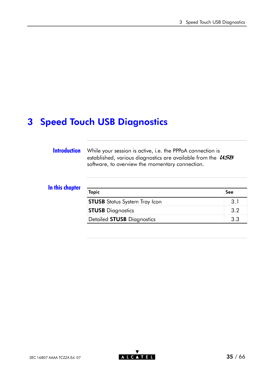 Alcatel Carrier Internetworking Solutions 3EC 16807 AAAA TCZZA ED. 07 manual Speed Touch USB Diagnostics, This chapter 