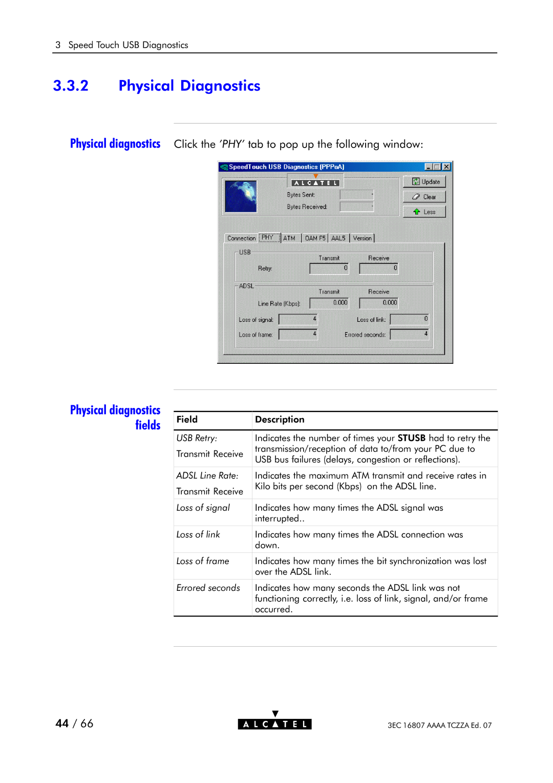 Alcatel Carrier Internetworking Solutions 3EC 16807 AAAA TCZZA ED. 07 Physical Diagnostics, Physical diagnostics fields 