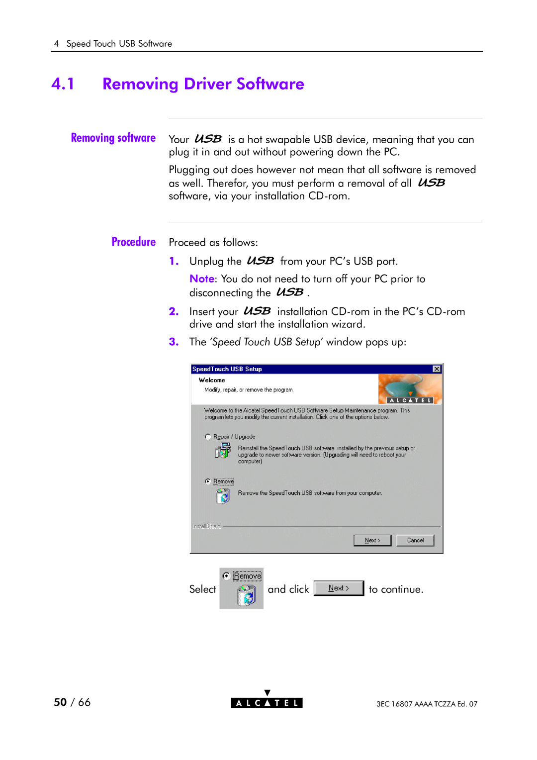 Alcatel Carrier Internetworking Solutions 3EC 16807 AAAA TCZZA ED. 07 manual Removing Driver Software 