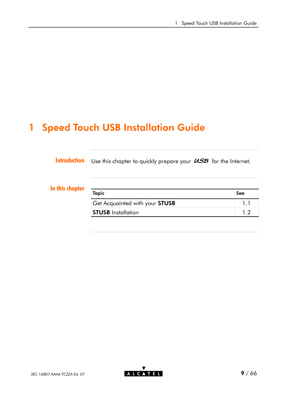 Alcatel Carrier Internetworking Solutions 3EC 16807 AAAA TCZZA ED. 07 manual Speed Touch USB Installation Guide 