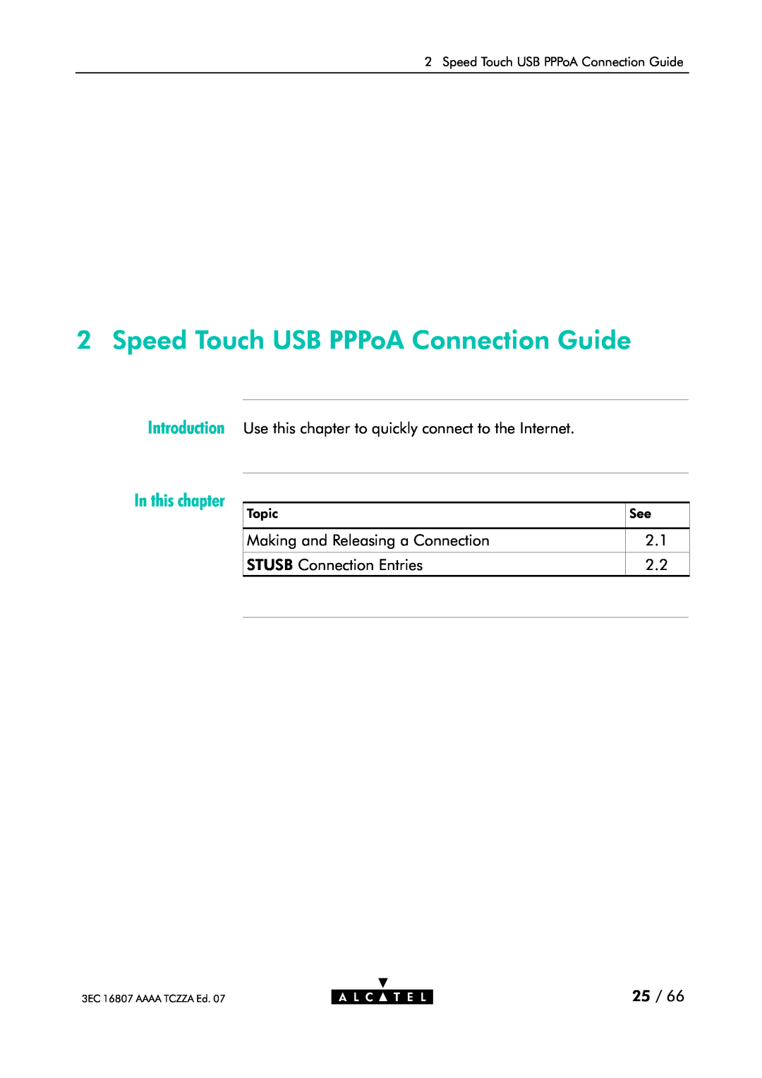 Alcatel Carrier Internetworking Solutions 3EC 16807 AAAA TCZZA ED. 07 Introduction, Speed Touch USB PPPoA Connection Guide 