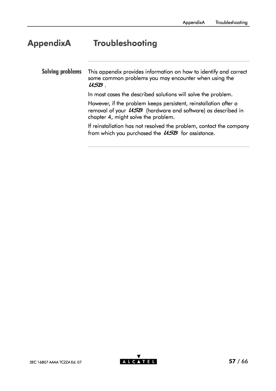 Alcatel Carrier Internetworking Solutions 3EC 16807 AAAA TCZZA ED. 07 manual AppendixA Troubleshooting 