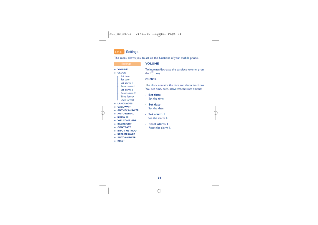 Alcatel Carrier Internetworking Solutions 4068, 4039, 4038 manual Settings, Volume, Clock, Set time Set the time 