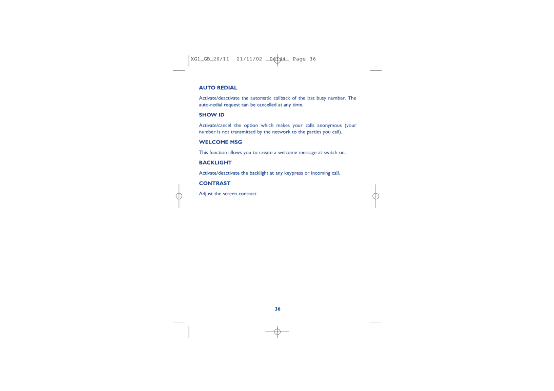 Alcatel Carrier Internetworking Solutions 4038, 4068, 4039 manual Auto Redial, Show ID, Welcome MSG, Backlight, Contrast 