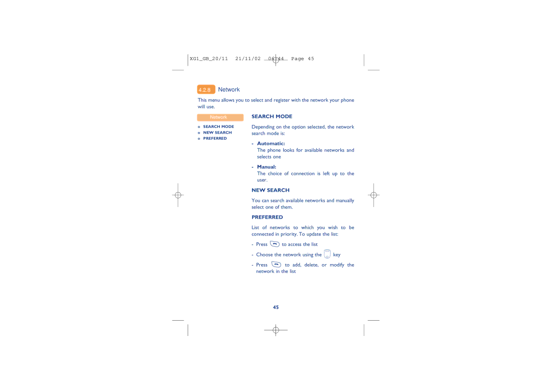 Alcatel Carrier Internetworking Solutions 4038, 4068, 4039 manual Network, Search Mode, NEW Search, Preferred 