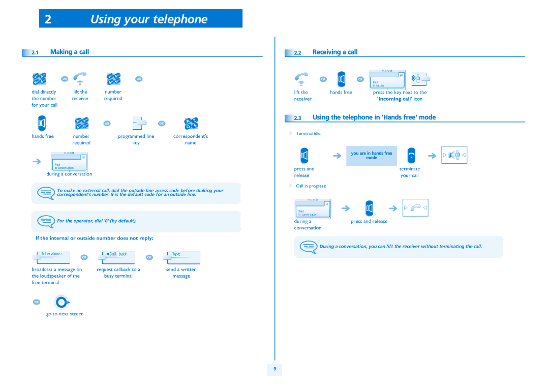 Alcatel Carrier Internetworking Solutions 4068 Using your telephone, Using the telephone in Hands free mode, Making a call 