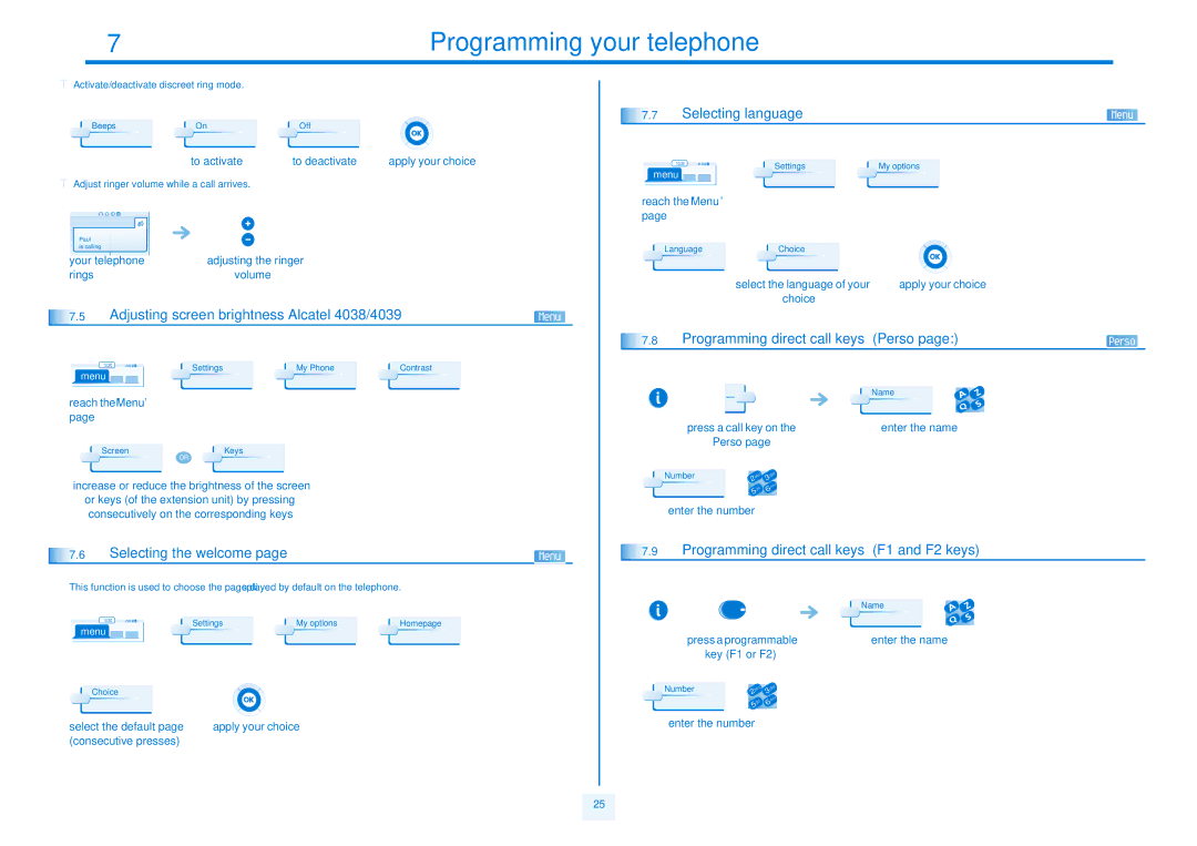 Alcatel Carrier Internetworking Solutions 4068 Programming your telephone, Adjusting screen brightness Alcatel 4038/4039 