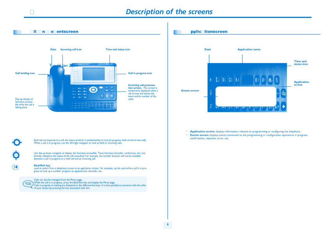 Alcatel Carrier Internetworking Solutions 4039 Description of the screens, Call management screen, Application screen 