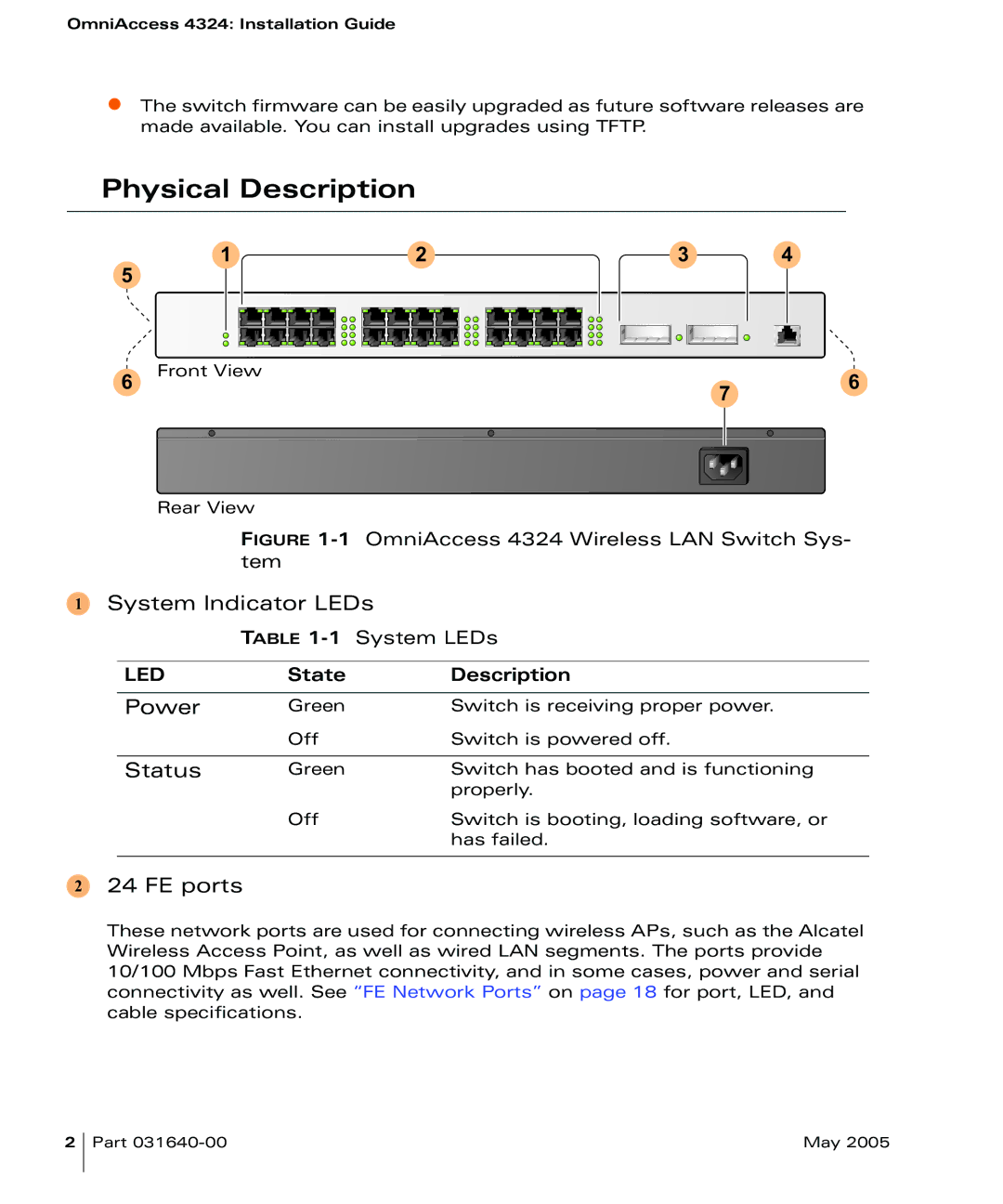 Alcatel Carrier Internetworking Solutions 4324 manual Physical Description, System Indicator LEDs, Power, Status, FE ports 