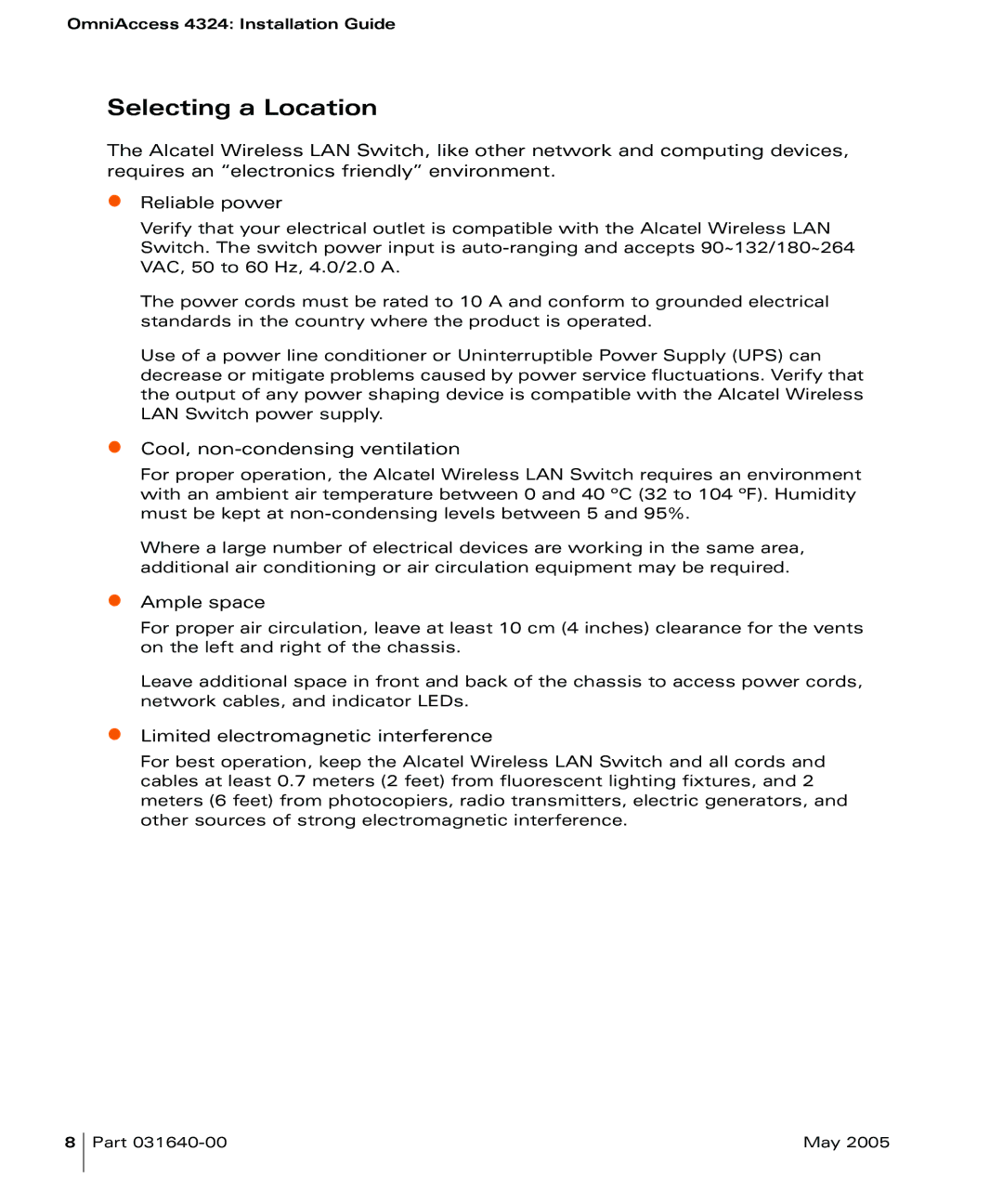 Alcatel Carrier Internetworking Solutions 4324 manual Selecting a Location, Cool, non-condensing ventilation 