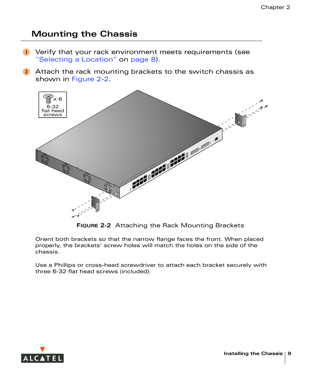 Alcatel Carrier Internetworking Solutions 4324 manual Mounting the Chassis, 2Attaching the Rack Mounting Brackets 