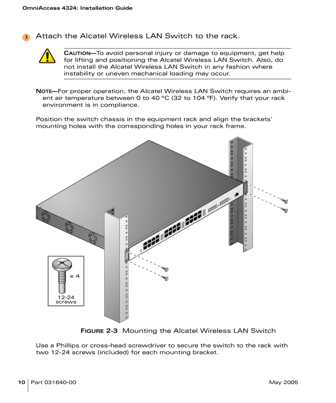 Alcatel Carrier Internetworking Solutions 4324 manual Attach the Alcatel Wireless LAN Switch to the rack 