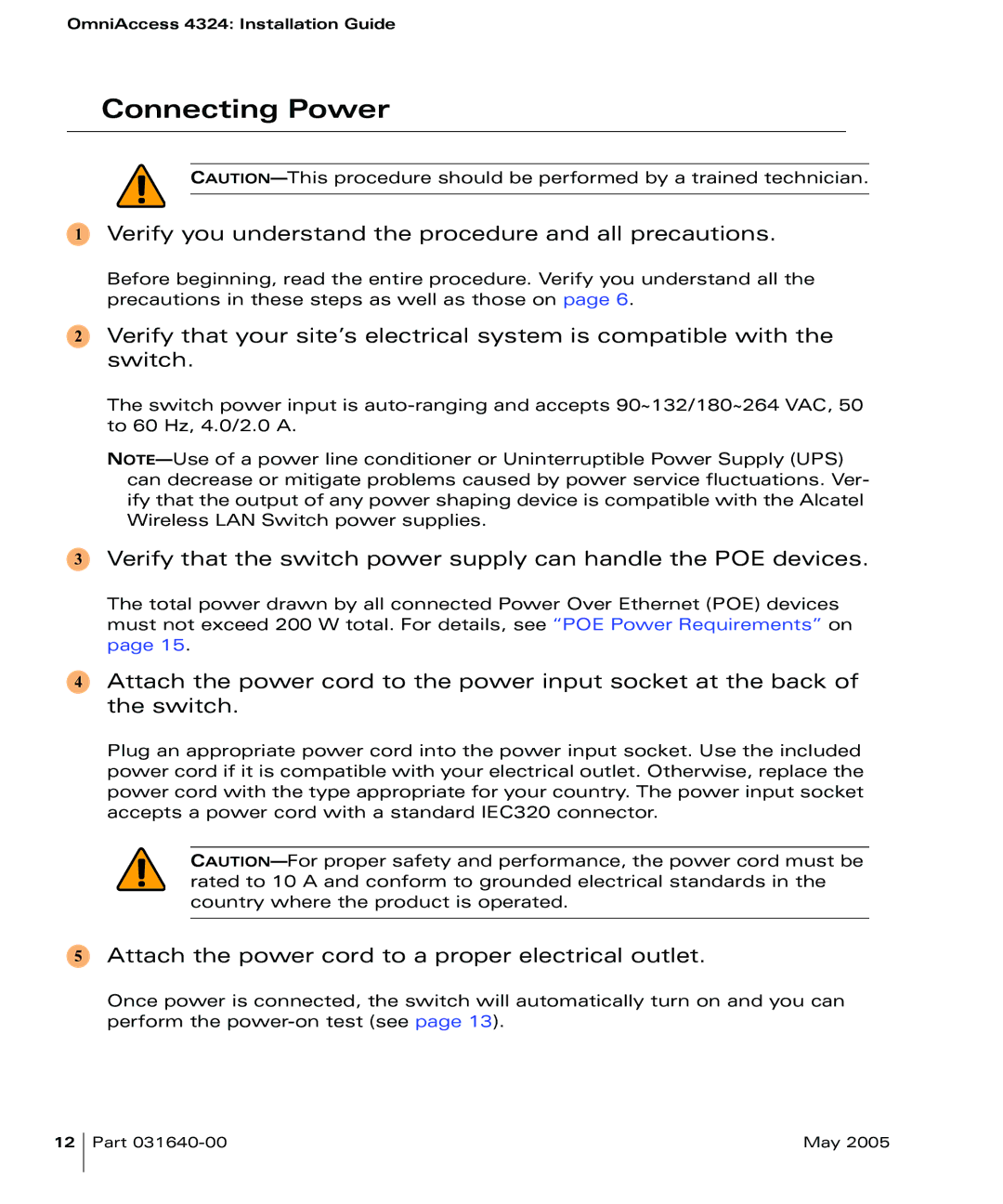 Alcatel Carrier Internetworking Solutions 4324 Connecting Power, Verify you understand the procedure and all precautions 