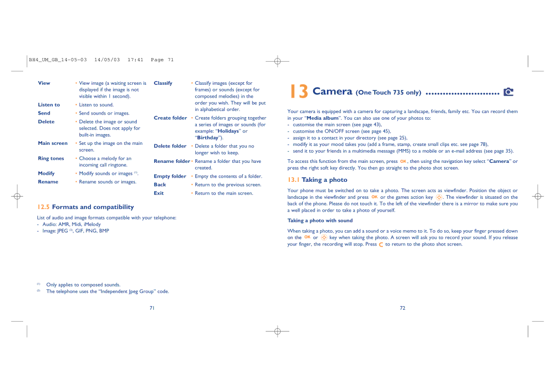 Alcatel Carrier Internetworking Solutions 535-735 Camera One Touch 735 only, Taking a photo, Formats and compatibility 