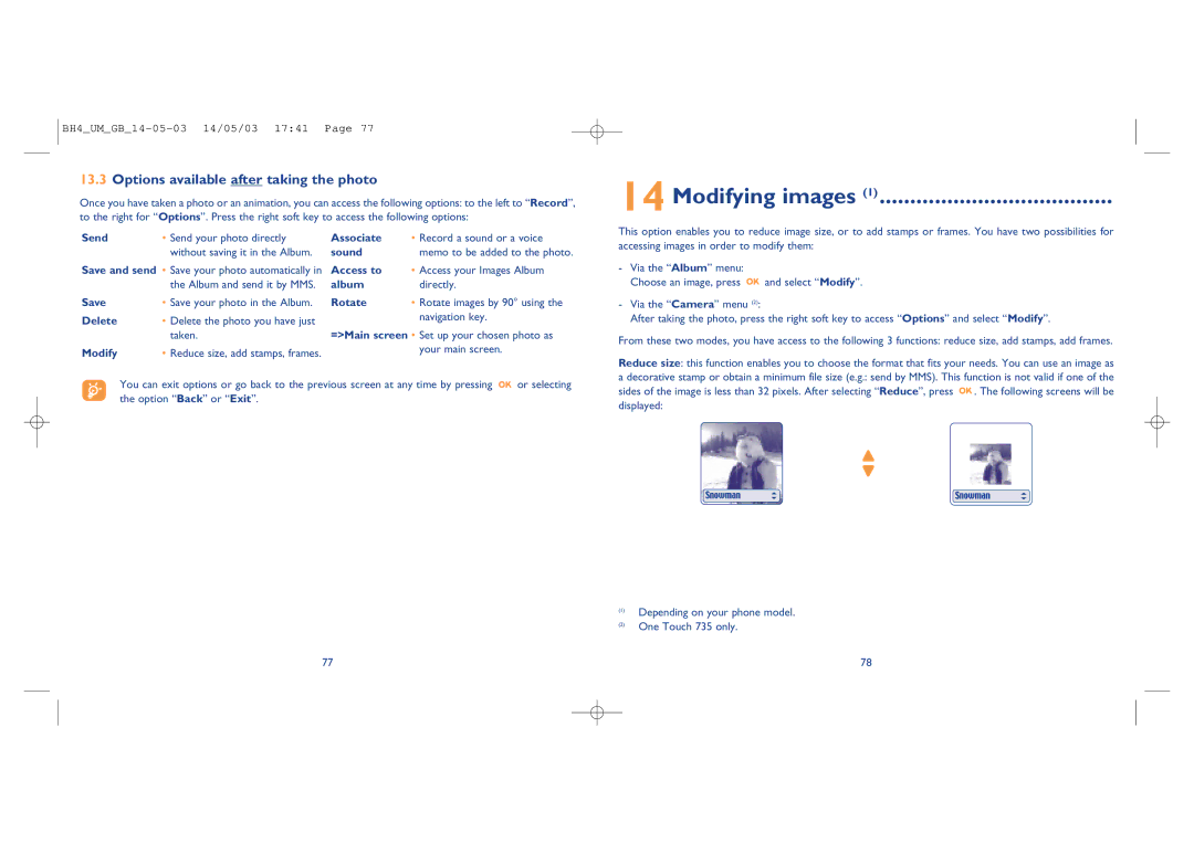 Alcatel Carrier Internetworking Solutions 535-735 manual Modifying images, Options available after taking the photo 