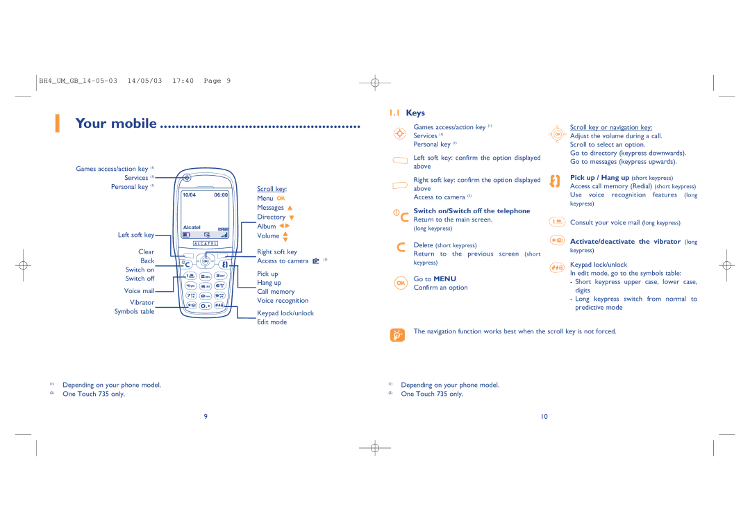 Alcatel Carrier Internetworking Solutions 535-735 manual Your mobile, Keys, Switch on/Switch off the telephone 