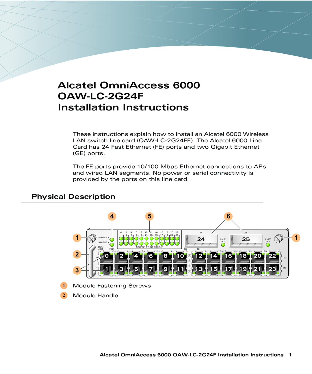 Alcatel Carrier Internetworking Solutions 6000 OAW-LC-2G24F installation instructions Physical Description 