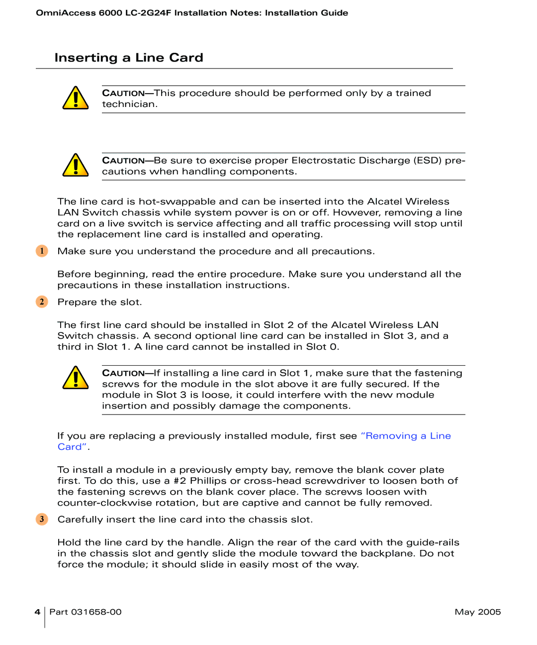 Alcatel Carrier Internetworking Solutions 6000 OAW-LC-2G24F installation instructions Inserting a Line Card 